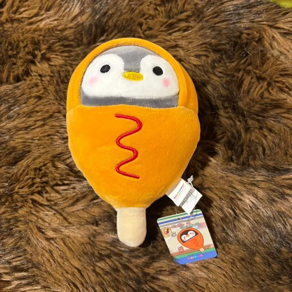 NWT Yellow Takashoji Penguin plush dressed as a corn dog w/ ketchup 7” Round One